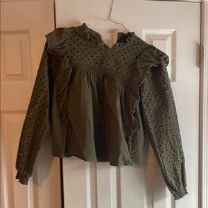 Maje Dark Olive Green Ruffled Blouse with Long Sleeves and Mandarin Collar